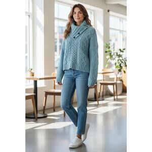 Gap‎ Women's Knit Wool Blend Aran Sweater Blue Size Large Preppy Classic